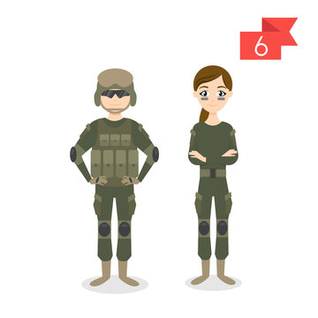 Vector profession characters: man and woman. Soldier.