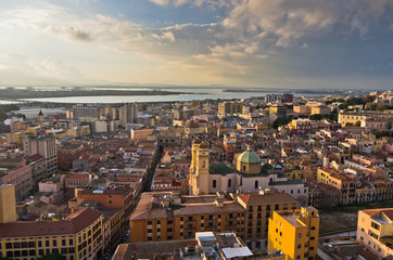 Panoramic view of Cagliari downtown at sunset in Sardinia, Italy