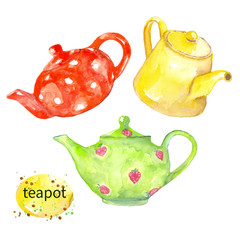 Teapot. Watercolor painting. Teapots tea. Kitchenware