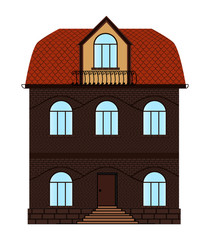 Two-storeyed vector brick house with windows and mansard. Building advertisement. House vector icon