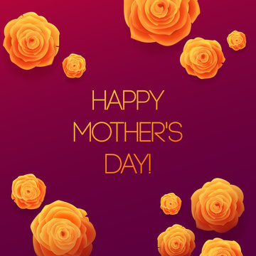 Happy Mothers Day Beautiful Blooming Yellow Rose Flowers on Purple Background. Greeting Card