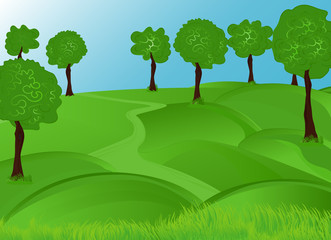Vector spring landscape with trees, green hills and green grass
