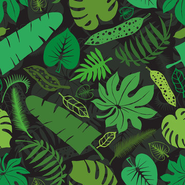 Tropical leaves,branches seamless pattern.Green,black