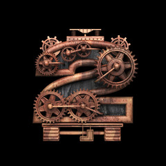 2 isolated rusted letter with gears on black