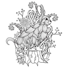 Black and white bunny, tree stump, wood, flowers, trees, fairy tale. 