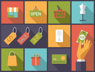 Ecommerce symbols illustration.Horizontal flat design vector with shopping and retail symbols