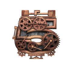 5 isolated rusted letter with gears on white