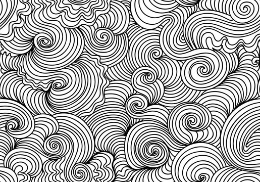 Abstract vector seamless pattern with waving curling lines, "sea waves" effect