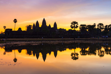Beautiful Sunrise at Angkor Wat and Reflection.