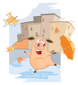 A cute Pig and Windy Autumn Day Cartoon 