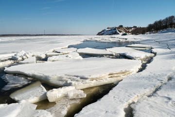 Ice floes in the spring of the river Volga