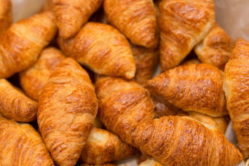  Croissants close up. Pastry buffet for prepared for breakfast in hotel or restaurant. Bruch time 