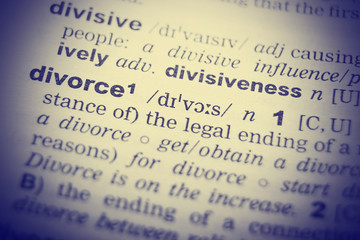 Dictionary definition of the word Divorce. Toned  Image