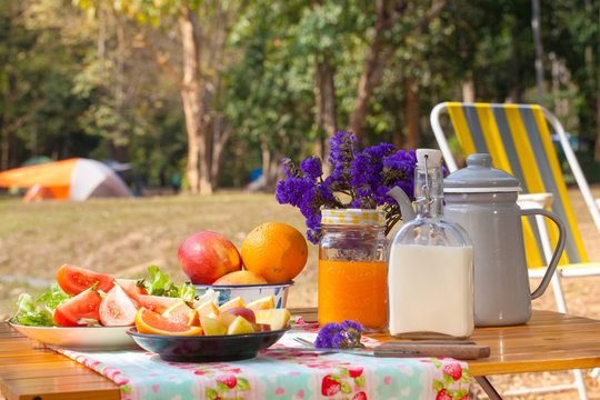 picnic, view of picnic table with fruits, juice and vegetable at the camping area