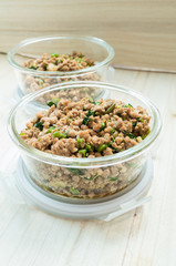 Close up of stir fried minced pork and basil