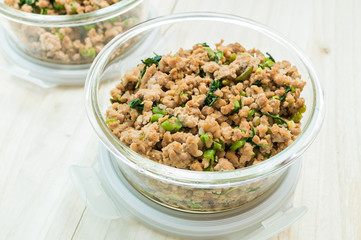 Close up of stir fried minced pork and basil