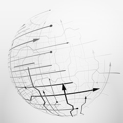 Abstract spherical mesh of geometric lines. Globe grid surface with arrows and dots. Qualitative vector illustration for digital industry, hi-tech, science, engineering, computer systems, etc