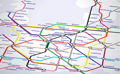 Europe Subway Map. Close up on a map of a fictional european subway system.