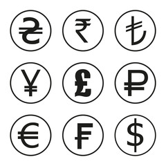 Icons set of currencies of the world. Dollar, euro, pounds, francs, rupees, yen