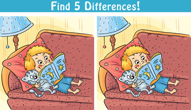 Find differences game with a cartoon boy reading a book
