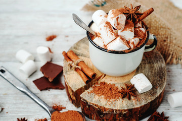 delicious winter hot drink cocoa with marshmallow , cinnamon , chocolate , spices and milk on a white wooden background