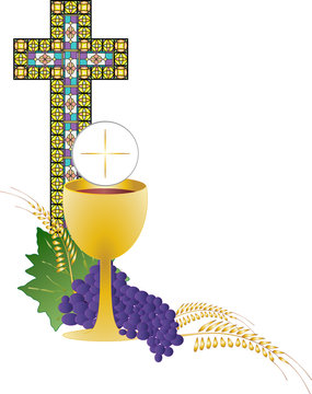 Eucharist symbol of bread and wine, chalice and host, with wheat ears wreath and grapes, with a cross. First communion illustration with stained glass cross.