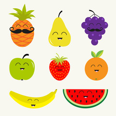 Fruit berry set.  Cartoon character face mustache. Banana, cherry, strawberry, orange, pineapple, grape, lemon, cherry, mellon, watermellon, blueberry, pear, raspberry, apple isolated. Flat