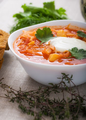 Vegetarian borsch with sour cream and parsley
