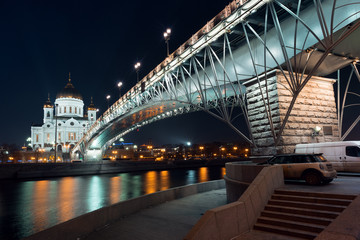 Night view on the Cathedral of Christ the Savior from another side of the river from embankment, Moscow 2015
