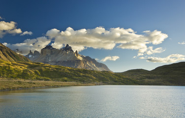 torres del paine lake pehoe in patagonia with rock walls