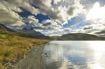 torres del paine lake pehoe in patagonia with rock walls
