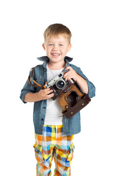 little boy child white background studio isolated with old photo camera