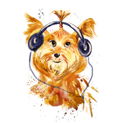 Watercolor close up portrait of a dog in headphones
