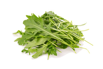 fresh wild rocket rucola leaves on white background
