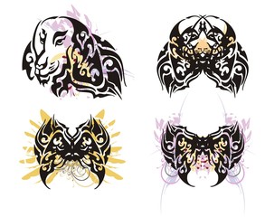 Grunge dog head and butterfly from it. Tribal dog portrait and butterfly wings splashes formed of her ear