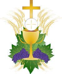 Eucharist symbol of bread and wine, chalice and host, with wheat ears wreath and grapes, with a cross. First communion illustration.