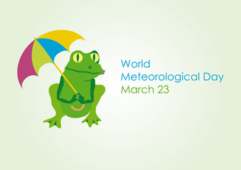 World Meteorological Day. Cartoon frog with umbrella. Vector illustration for World Meteorological Day. Festive card. Vector background with the weather