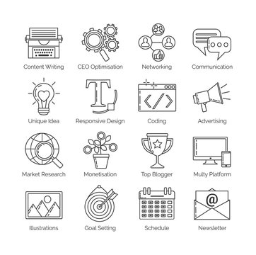A set of flat thin line icons on white background for successful blogging business. It includes: newsletter, social, seo, content writing, design, coding, idea, etc.