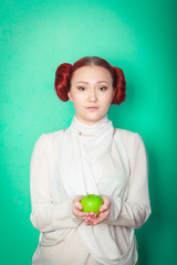 beautiful sexy girl Leia Organa Solo with green apple