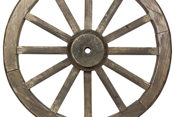 Side view of weathered  wooden wagon wheel on white