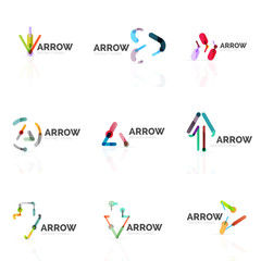 Set of linear arrow abstract logos, connected multicolored segments lines in directional pointer figures