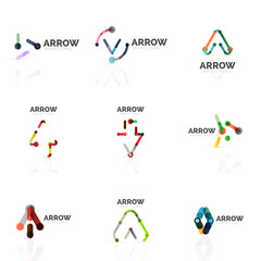 Set of linear arrow abstract logos, connected multicolored segments lines in directional pointer figures
