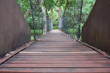 crossing rope bridge in the forest jungle