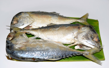 Three Mackerel Fish Basket on banana leaf