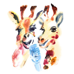Two cute giraffes sing songs in karaoke - 105530394