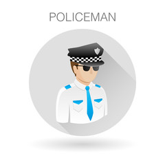 Policeman icon. Officer of the law symbol. Cop sign. Policeman profile icon on light gray circle background. Vector illustration.
