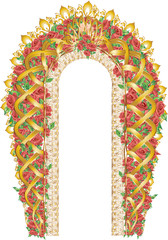 Abstract artistic vintage victorian style rose arch, text frame or garden entrance, with braided golden ribbons or wire.