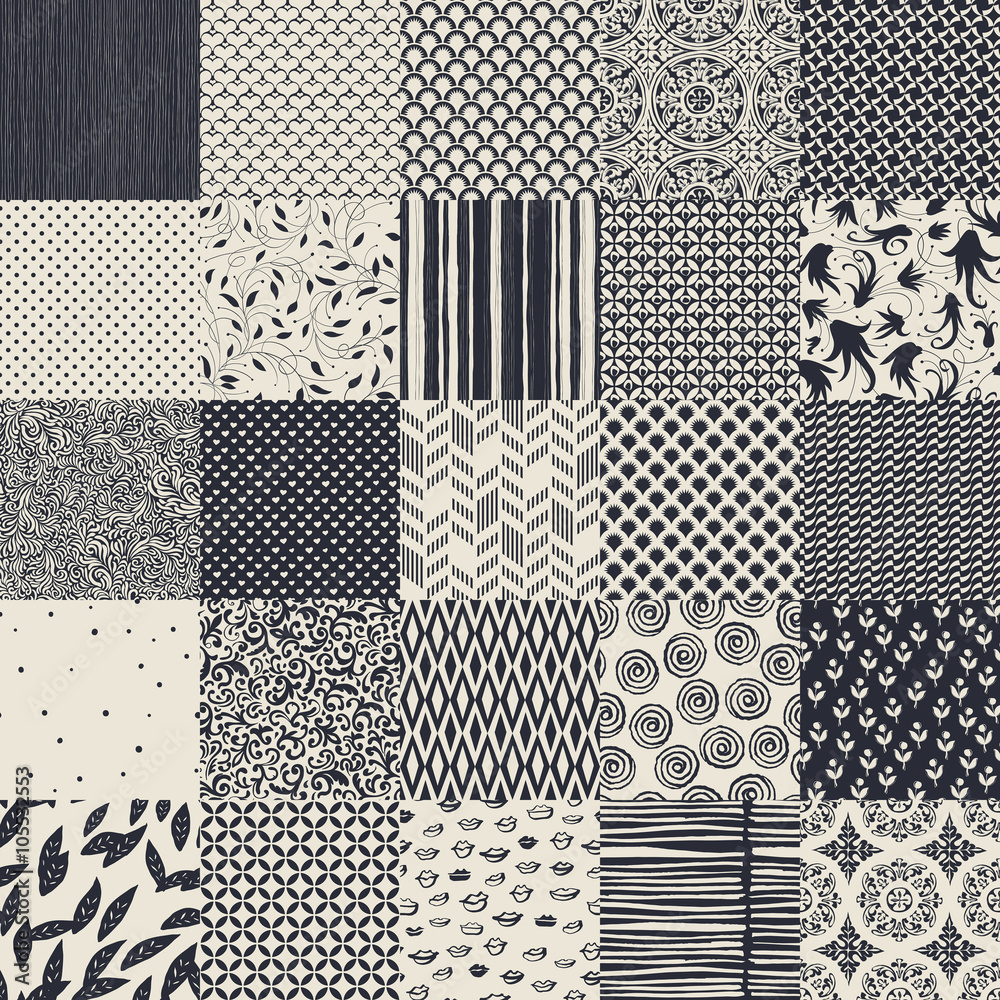 Poster 25 seamless different vector monochrome patterns. geometric, flo