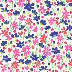 vector seamless bright hand drawn summer ditsy flower pattern, vibrant floral background allover print