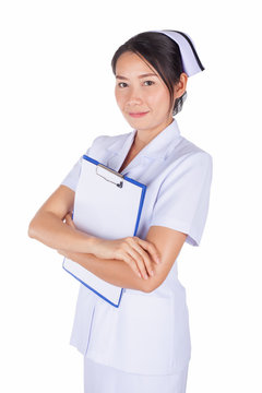 Nurse wearing white uniform and holding patient chart on white background.